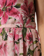 Dolce & Gabbana Pink Floral Lily Print Midi Sleeveless Dress