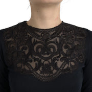 Dolce & Gabbana Black Silk Lace Trim Long Sleeves Blouse Top