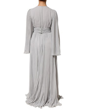Dolce & Gabbana Grey Pleated Maxi Long Sleeve Silk Blend Gown Dress