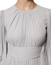 Dolce & Gabbana Grey Pleated Maxi Long Sleeve Silk Blend Gown Dress