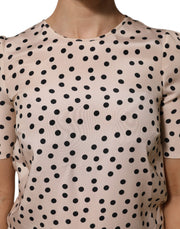 Dolce & Gabbana Beige Black Polka Dot Silk Short Sleeve Blouse Top