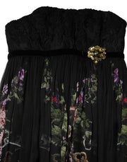 Dolce & Gabbana Black Floral Key Print Crystal Strapless Dress