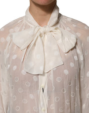 Dolce & Gabbana White Polka Sheer Silk Bow Tie Shirt Blouse Top