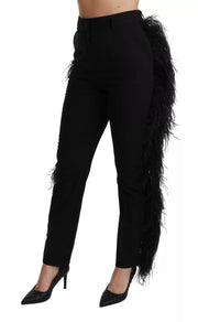 Dolce & Gabbana Black Feather Straight High Waist Pants