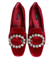 Dolce & Gabbana Red Velvet Crystal Buckle Loafers Flats Shoes