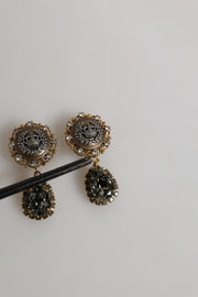 Dolce & Gabbana Gold Brass Crown Medallion Black Crystal Drop Clip On Earrings