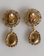 Dolce & Gabbana Gold Brass Crown Medallion Black Crystal Drop Clip On Earrings