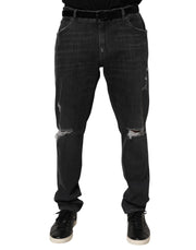 Dolce & Gabbana Black Cotton Slim Fit Distressed Ripped Logo Jeans