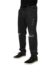 Dolce & Gabbana Black Cotton Slim Fit Distressed Ripped Logo Jeans