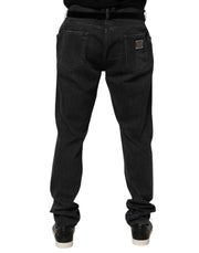 Dolce & Gabbana Black Cotton Slim Fit Distressed Ripped Logo Jeans