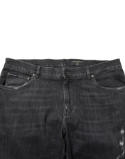 Dolce & Gabbana Black Cotton Slim Fit Distressed Ripped Logo Jeans