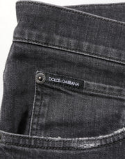 Dolce & Gabbana Black Cotton Slim Fit Distressed Ripped Logo Jeans
