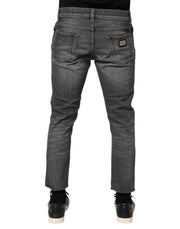 Dolce & Gabbana Grey Cotton Denim Slim Fit Distressed Pants Jeans