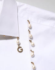 Dolce & Gabbana White Cotton DG Logo Pearl GOLD Formal Shirt
