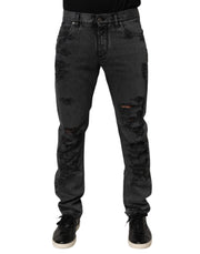 Dolce & Gabbana Black Tattered Skinny Cotton Men Denim Jeans