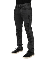 Dolce & Gabbana Black Tattered Skinny Cotton Men Denim Jeans