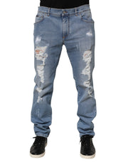 Dolce & Gabbana Blue Tattered Slim Fit Cotton Denim Jeans