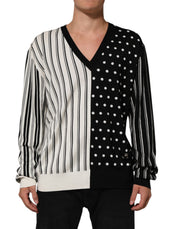 Dolce & Gabbana Black White Stripe Polka V-Neck Pullover Sweater