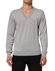 Dolce & Gabbana Gray Wool Knit Logo V-Neck Pullover Sweater
