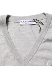 Dolce & Gabbana Gray Wool Knit Logo V-Neck Pullover Sweater