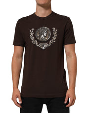 Dolce & Gabbana Brown Coin Laurel Print Men Crew Neck T-shirt