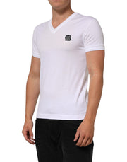 Dolce & Gabbana White Cotton Logo Patch V-neck Tee T-shirt