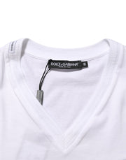 Dolce & Gabbana White Cotton Logo Patch V-neck Tee T-shirt