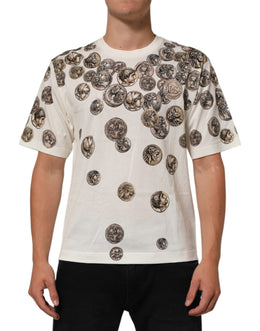 Dolce & Gabbana White Coin Print Cotton Crew Neck Men T-shirt