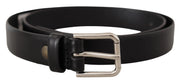 Dolce & Gabbana Black Calf Leather Silver Tone Logo Buckle Belt