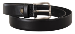 Dolce & Gabbana Black Calf Leather Silver Tone Logo Buckle Belt
