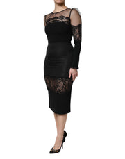 Dolce & Gabbana Black Lace Trim Nylon Tulle SheathMidi Dress