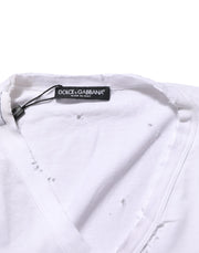 Dolce & Gabbana White Distressed Cotton V Neck Men T-shirt