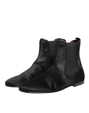 Dolce & Gabbana Black Leather Fur Men CHELSEA Boots Shoes
