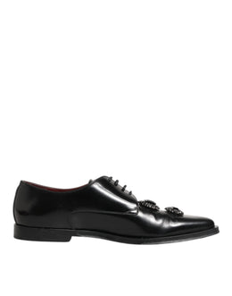 Dolce & Gabbana Black Leather Jeweled Crystals Derby Shoes