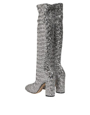 Dolce & Gabbana Silver Sequins Glitter High Heel Boot Shoes