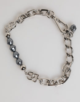 Dolce & Gabbana Silver Tone Chain Lobster Clasp Logo Gray Pearls Bracelet