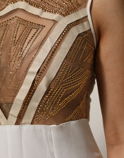 Mangano White Beige Mesh Crystal Embellished Sleeveless Jumpsuit