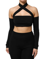 Dolce & Gabbana Black Viscose Halter Off Shoulder Cropped Top
