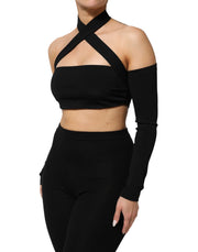 Dolce & Gabbana Black Viscose Halter Off Shoulder Cropped Top