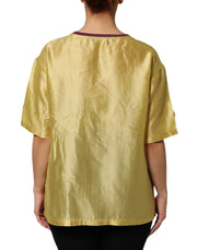 Dolce & Gabbana Yellow Silk Satin Floral Lace Short Sleeves Top