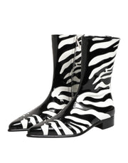 Dolce & Gabbana Black White Zebra Leather Mid Calf Boots Shoes