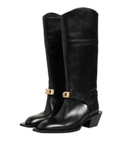 Dolce & Gabbana Black Logo Plaque Over The Calf Boot Shoes