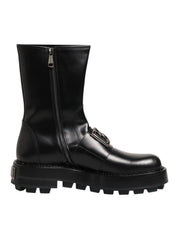 Dolce & Gabbana Black Logo Plaque Mid Calf Biker Boots Shoes