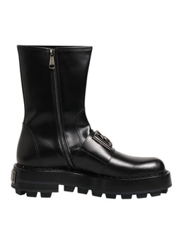 Dolce & Gabbana Black Logo Plaque Mid Calf Biker Boots Shoes
