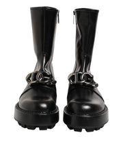 Dolce & Gabbana Black Logo Plaque Mid Calf Biker Boots Shoes
