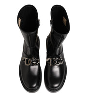 Dolce & Gabbana Black Logo Plaque Mid Calf Biker Boots Shoes