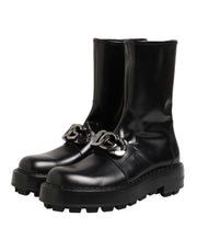 Dolce & Gabbana Black Logo Plaque Mid Calf Biker Boots Shoes