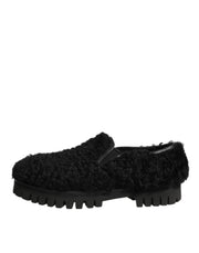 Dolce & Gabbana Dress Black Fur Leather Slippers Men Shoes