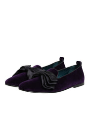Dolce & Gabbana Purple Suede Cotton Bow Slip On Loafers Shoes