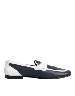 Dolce & Gabbana White Blue Leather Slip On Loafers Men Formal Shoes